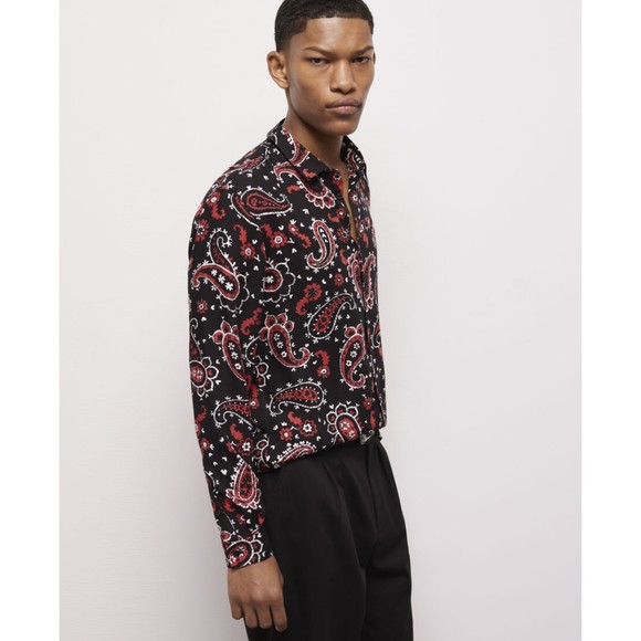 The Kooples Men's Paisley Print Long Sleeve Button Down Shirt, Black/Red, Size M